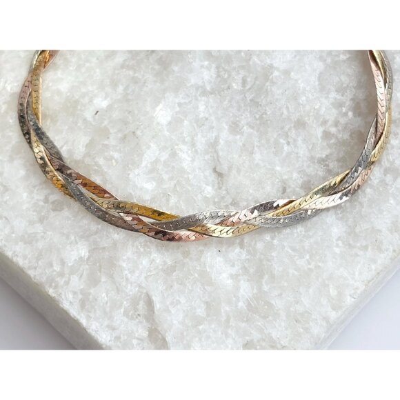 Italian HerringboneYellow Gold, Rose Gold & Silver 925 Vintage Bracelet - 7" - Picture 6 of 10